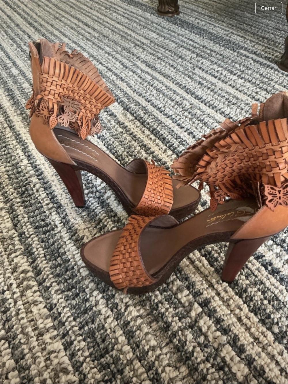 GG Collection Woven Fringe Ankle-Strap Heels in Tan